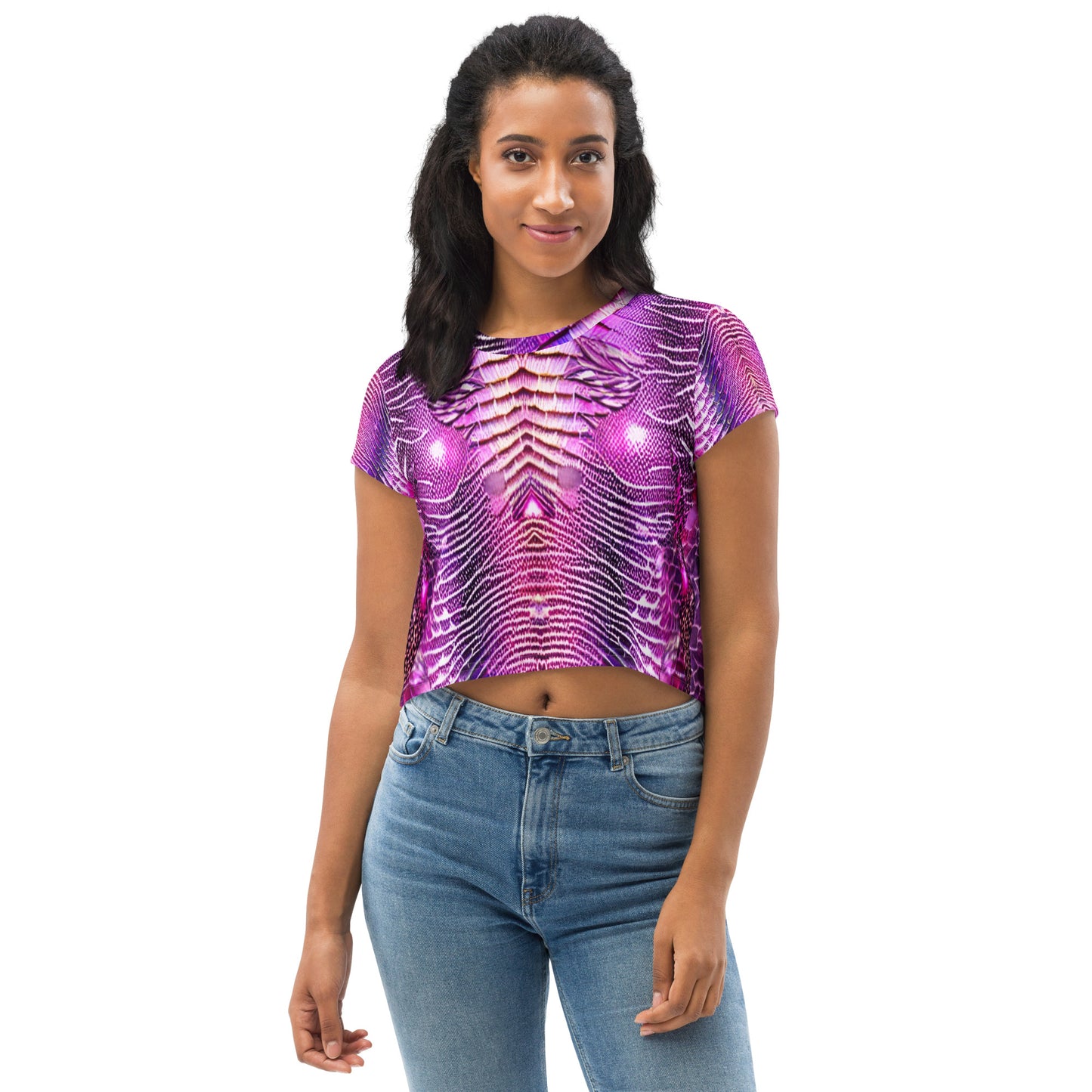 Pink & Purple Shimmering Scales Print Crop Tee For Women