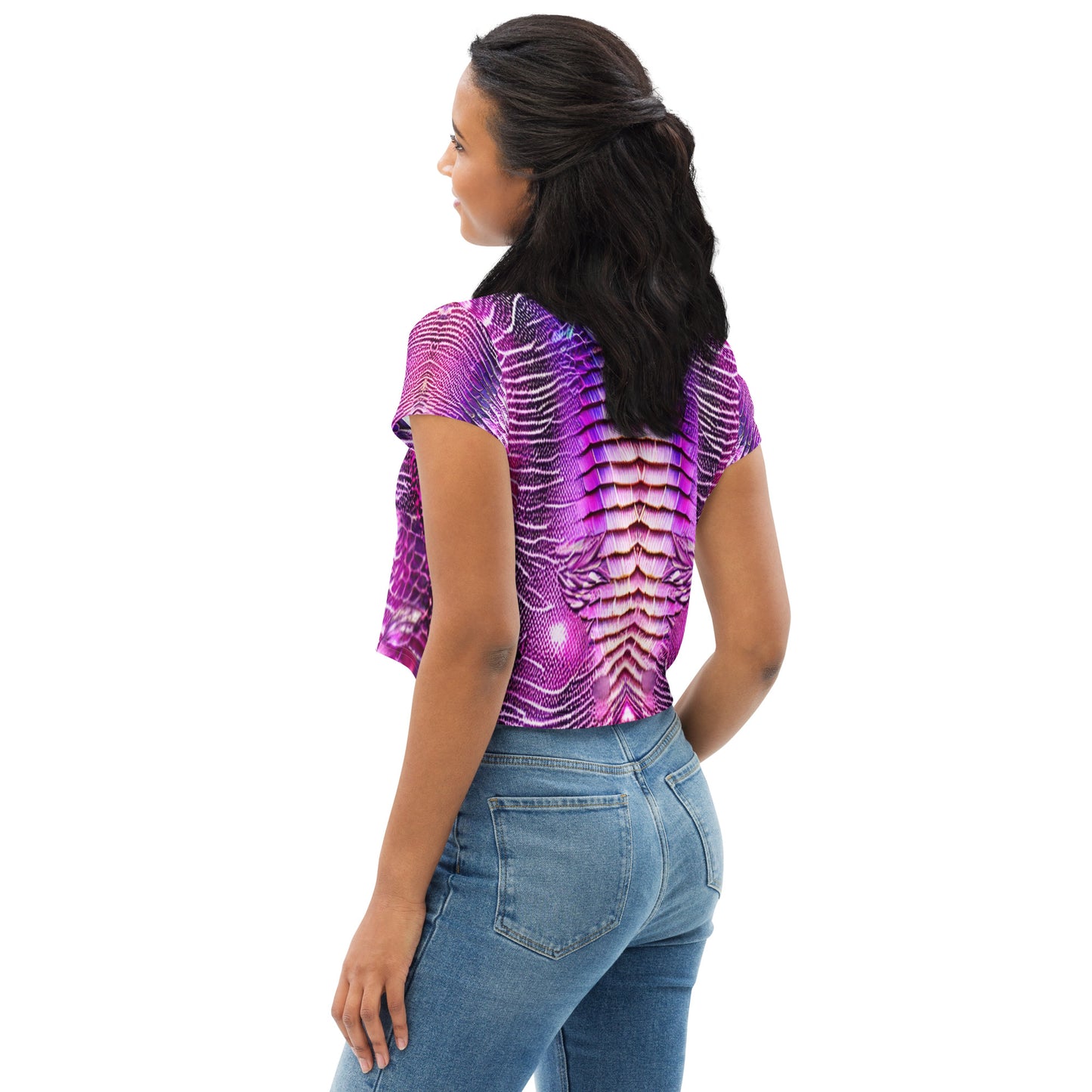 Pink & Purple Shimmering Scales Print Crop Tee For Women